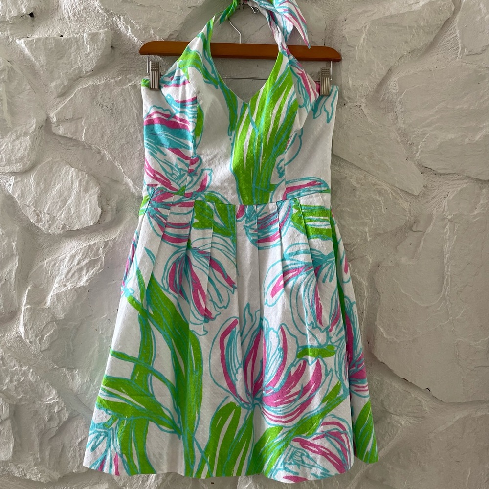 Lilly Pulitzer Green Pink Floral Halter Midi Dress - Picture 2 of 6
